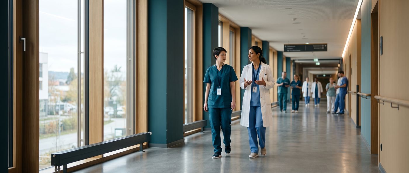 A doctor and a nurse talking in a bright hospital corridor